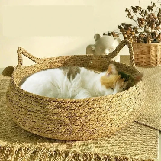 Pure Hand-Woven Rattan Cat Nest With Removable Washable Pad