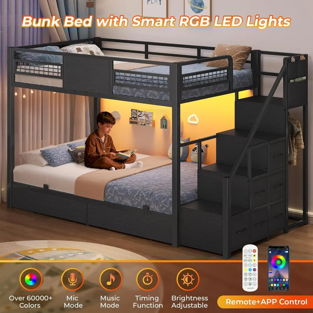 Twin Over Twin Bunk Bed with Stairs, LED Lights, Storage Drawers & Guardrail