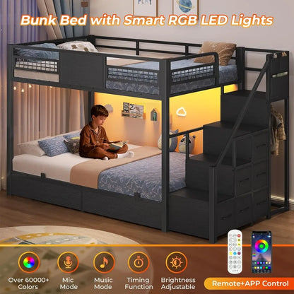 Twin Over Twin Bunk Bed with Stairs, LED Lights, Storage Drawers & Guardrail