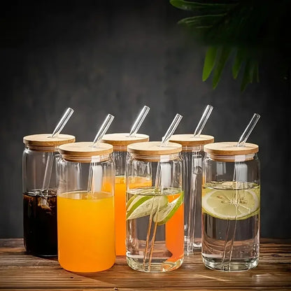 6pcs 18.6oz/550ml Drinking Glasses with Bamboo Lids and Glass Straw