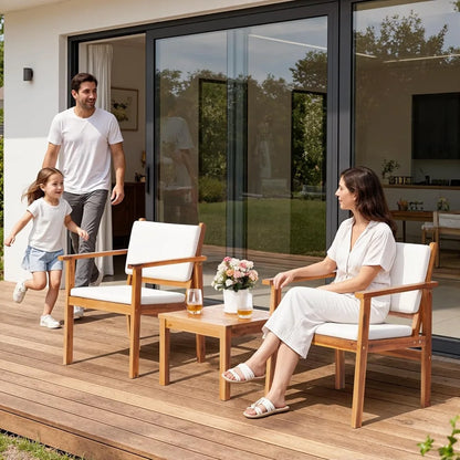 3-Piece Acacia Wood Patio Furniture Set with Coffee Table & Cushions