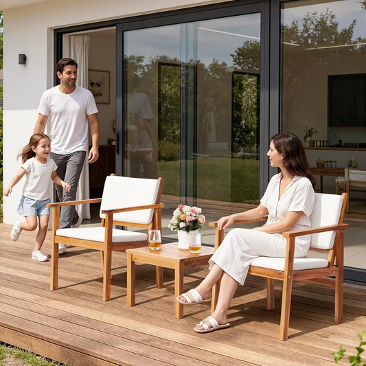 3-Piece Acacia Wood Patio Furniture Set with Coffee Table & Cushions