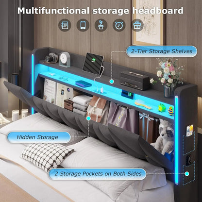 LED King Bed Frame with Charging Station & Storage Headboard