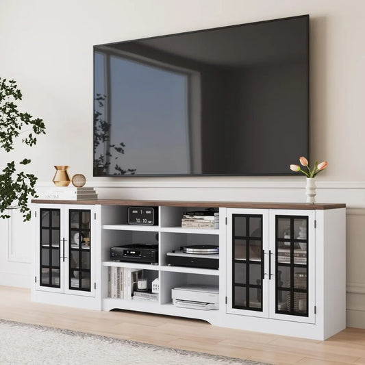 Farmhouse TV Entertainment Center with 2 Cabinets and 3-Tier Open Shelves