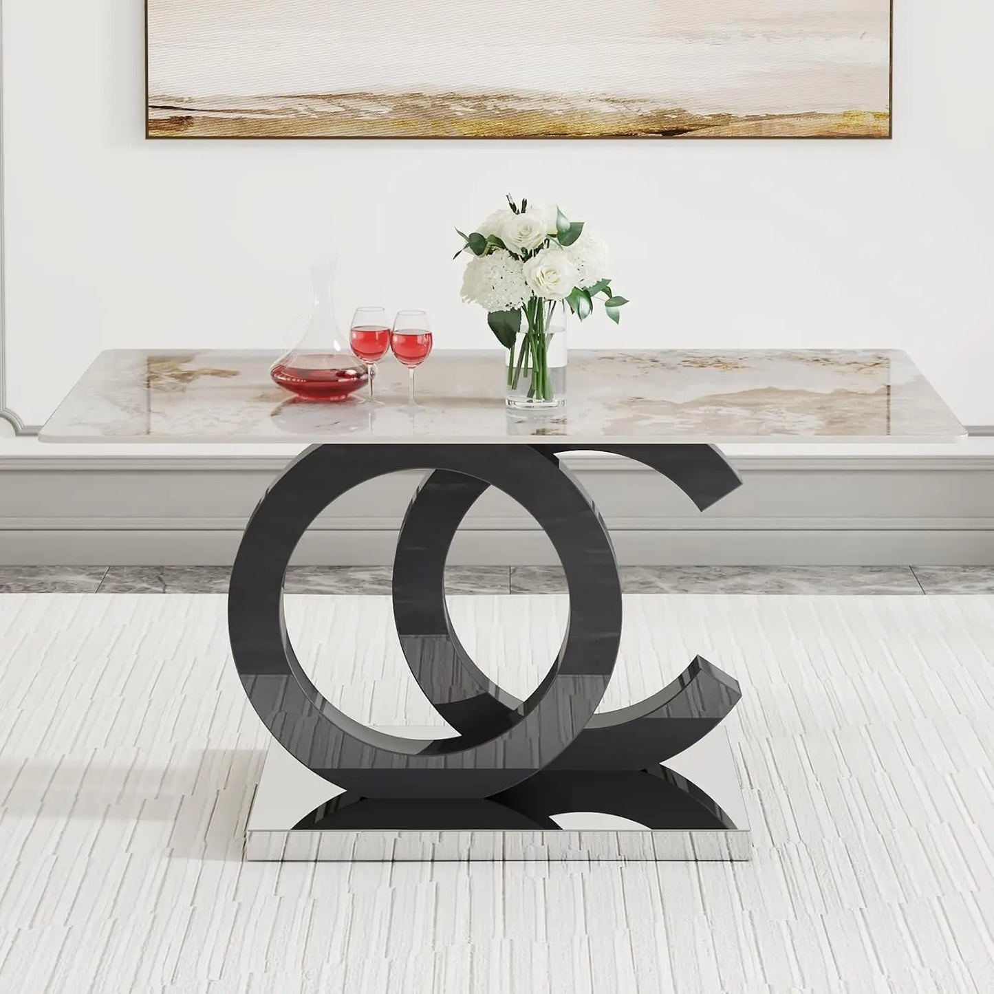 Modern Rectangular Marble Top Dining Table with Black Open-Concept Design Base
