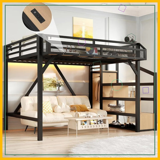 Full Size Loft Bed with Stairs, Wardrobe, LED Lights & Charging Station