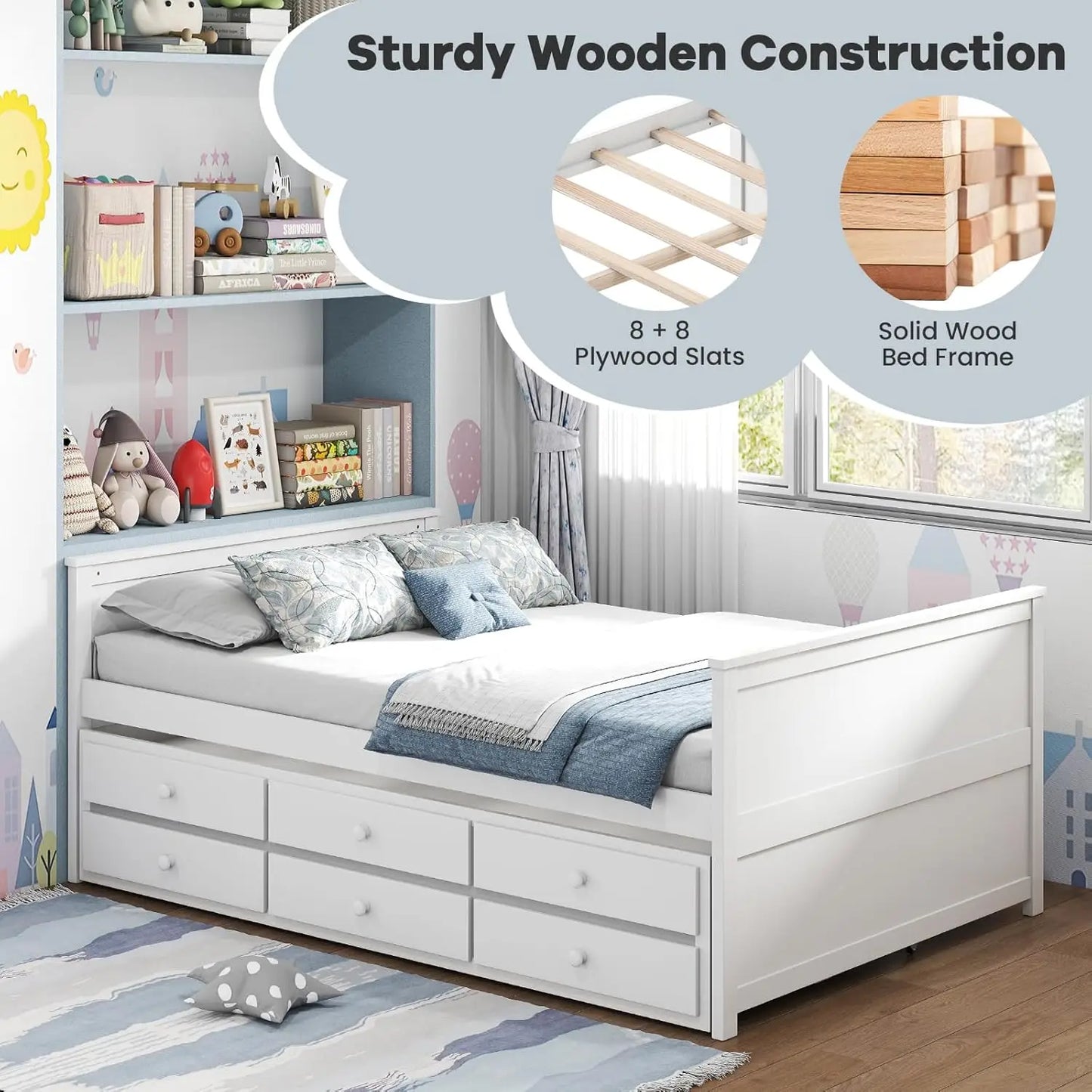 Full Size Bed Frame with Twin Trundle & 3 Drawers