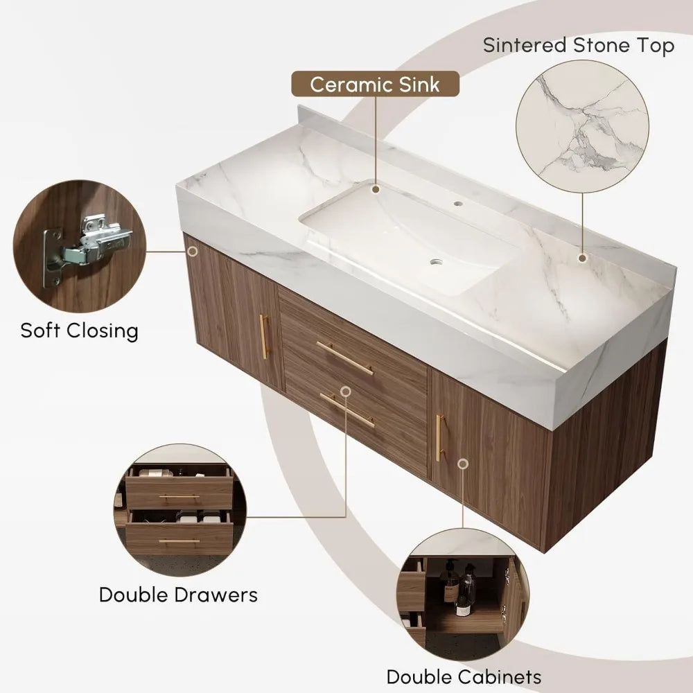 Floating Bathroom Vanity with Sintered Stone Vessel Sink 2 Drawers
