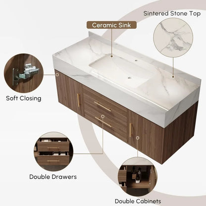 Floating Bathroom Vanity with Sintered Stone Vessel Sink 2 Drawers
