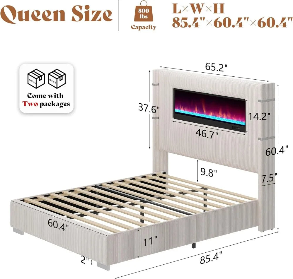 Modern Queen Size Bed Frame with Fireplace