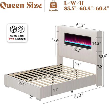 Modern Queen Size Bed Frame with Fireplace