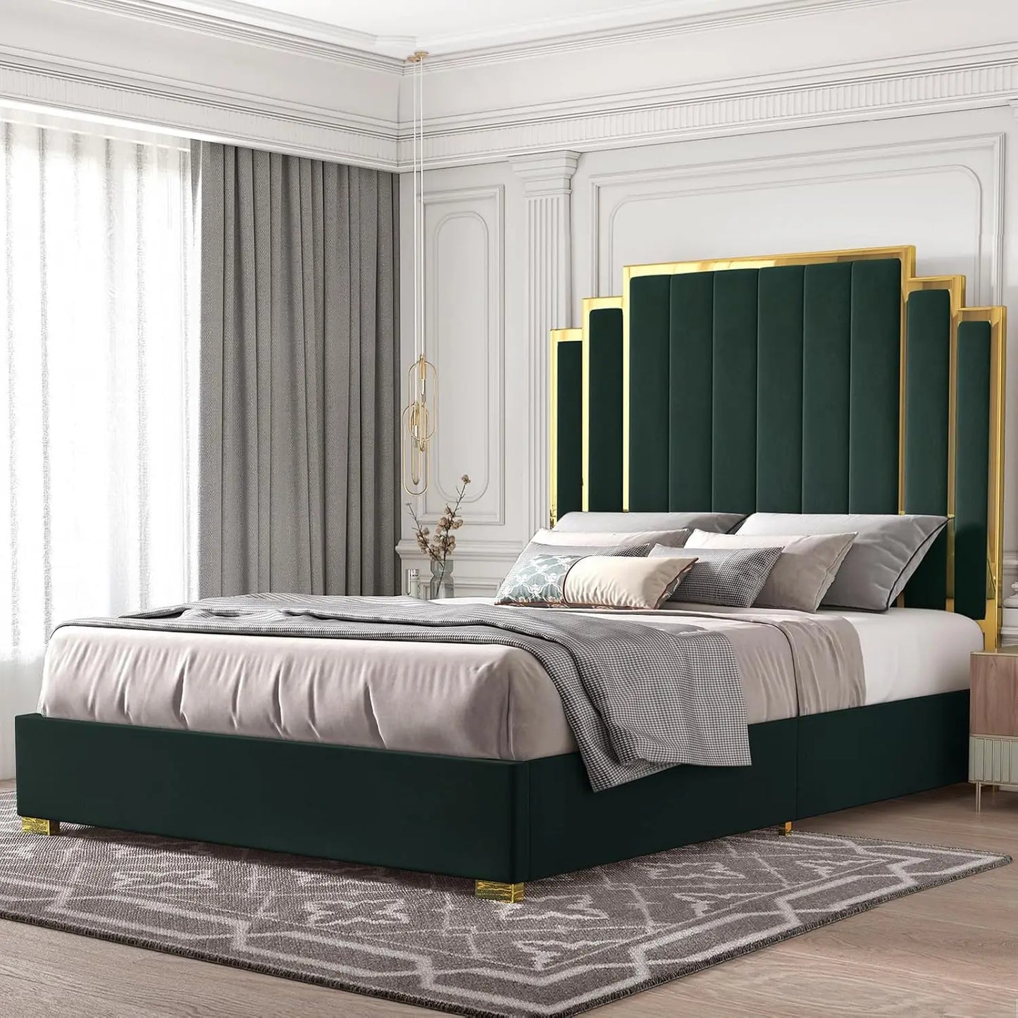 King Upholstered Platform Bedframe with Gold Trim Headboard