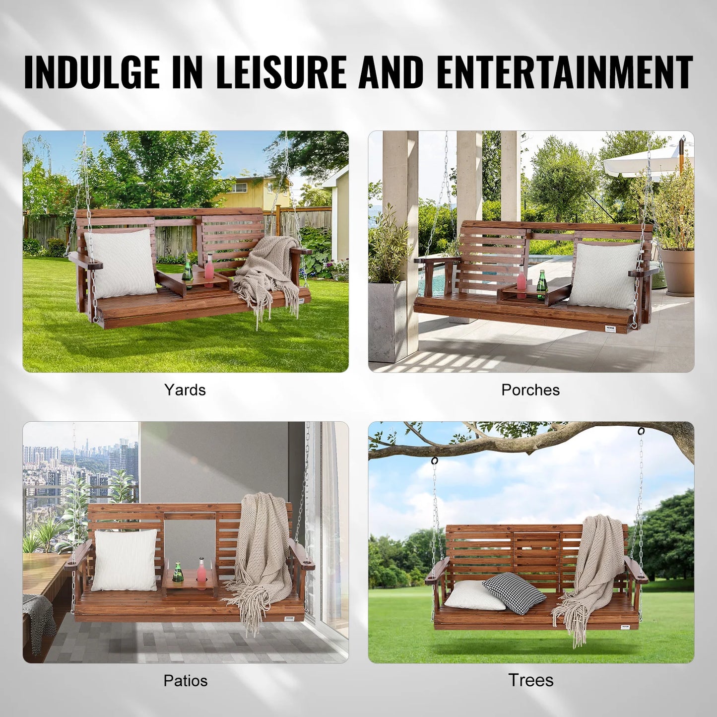 Wooden Porch Swing With Cup Holder/Console