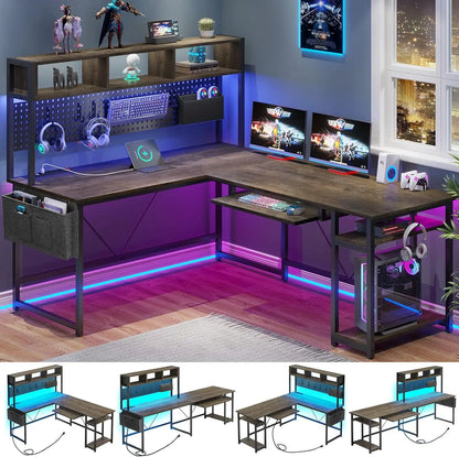 L-Shaped Gaming Desk, Reversible, Pegboard, Led Lights