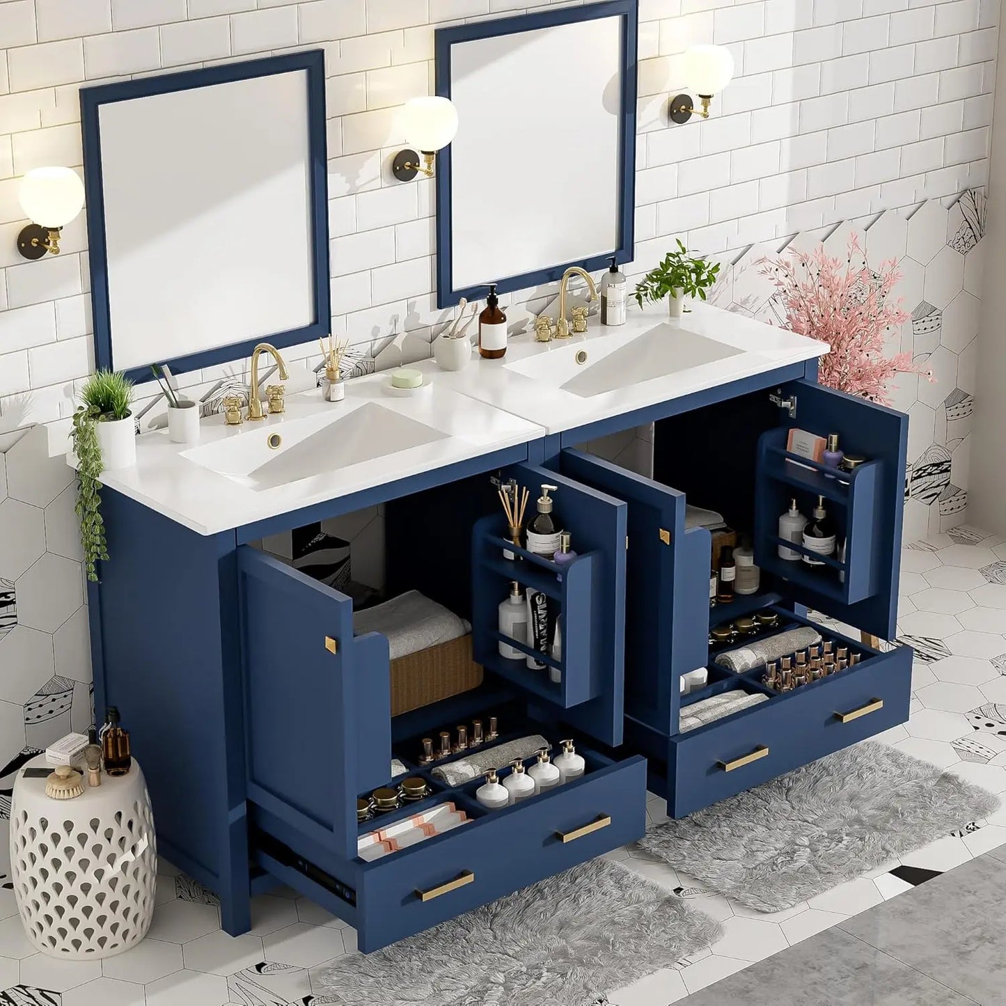 60" Double Sink Bathroom Vanity, Solid Wood Cabinet Storage Drawers