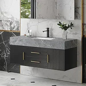 Floating Bathroom Vanity with Sintered Stone Vessel Sink 2 Drawers