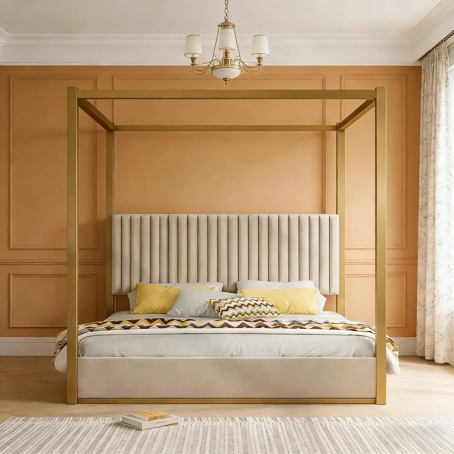 King Size Metal Canopy Bed Frame with Tall Corduroy Upholstered Headboard