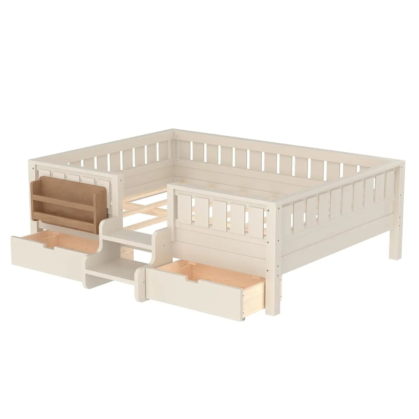 Full Size Kids Montessori Bed Frame with Stairs Bookshelf Drawers