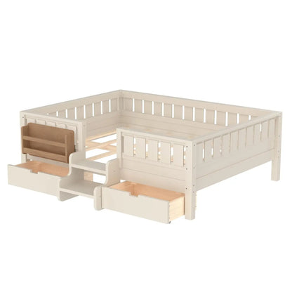 Full Size Kids Montessori Bed Frame with Stairs Bookshelf Drawers