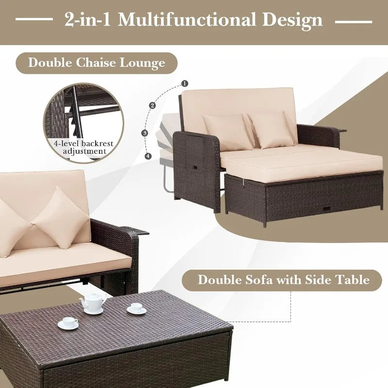 Reclining Patio Loveseat w/Multipurpose Ottoman & Retractable Side Tray