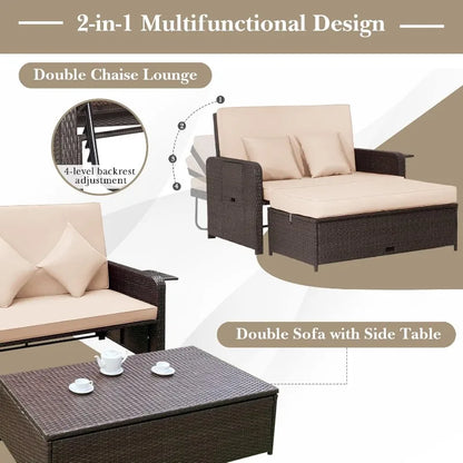 Reclining Patio Loveseat w/Multipurpose Ottoman & Retractable Side Tray