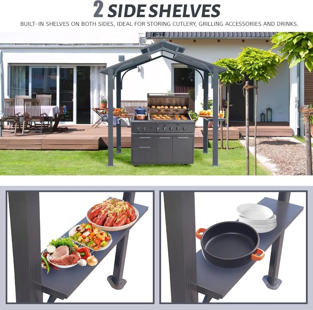 8x5FT Hardtop Grill Gazebo, Outdoor BBQ Shelter with Steel Roof