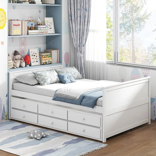 Full Size Bed Frame with Twin Trundle & 3 Drawers