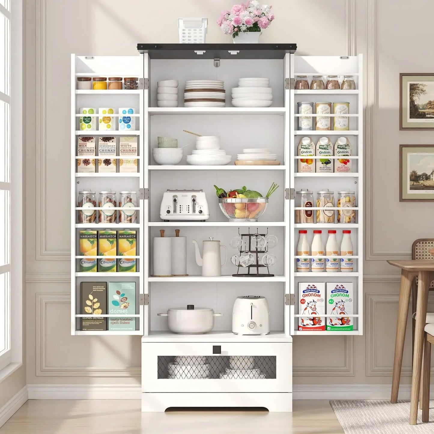 55'' Pantry Storage Cabinet with Adjustable Shelves and Drawer