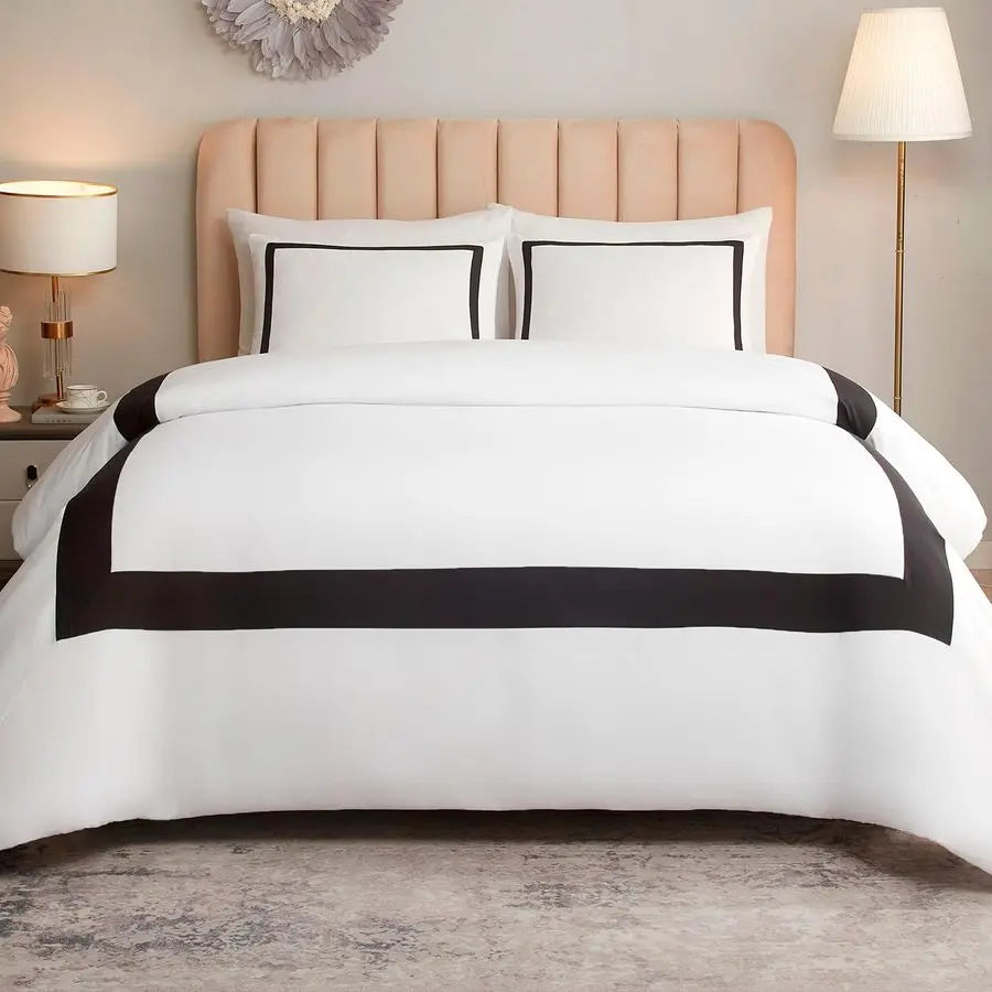 Hotel Duvet Cover Set Queen Size 3Pcs Microfiber Black Line Pattern