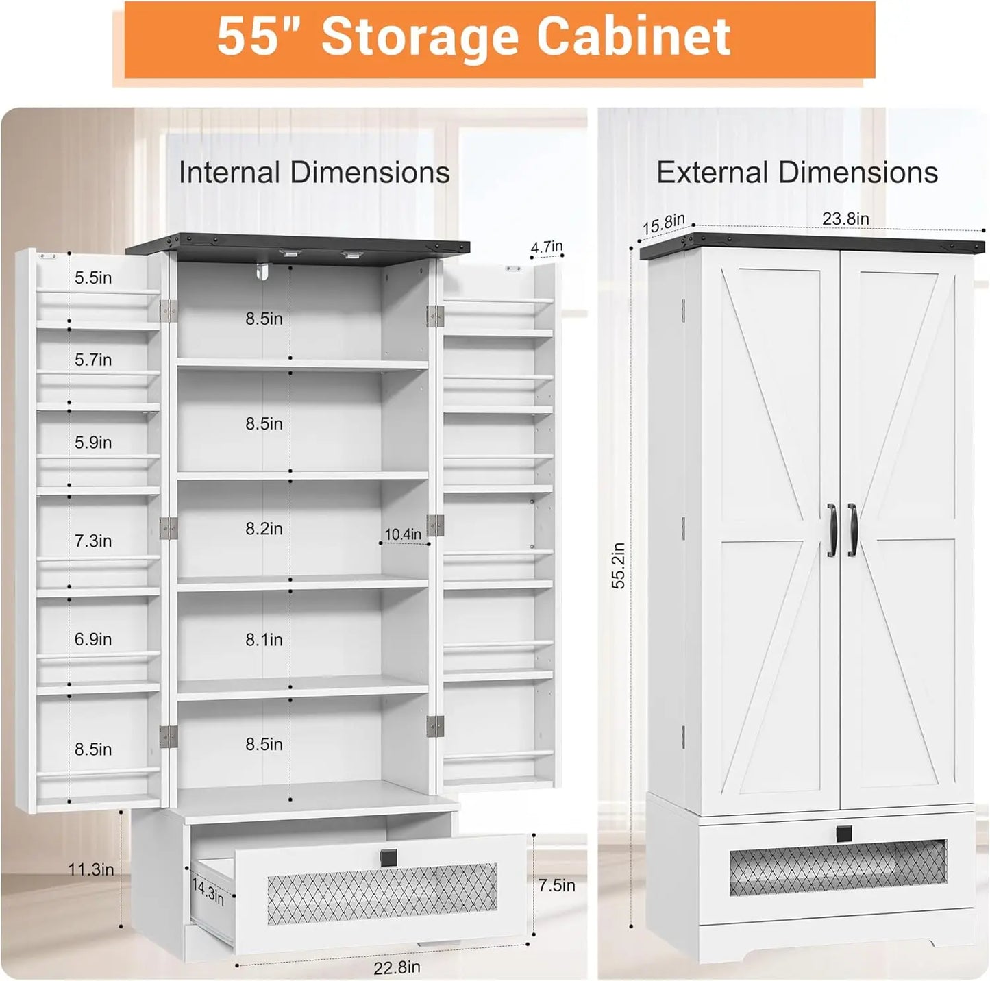 55'' Pantry Storage Cabinet with Adjustable Shelves and Drawer