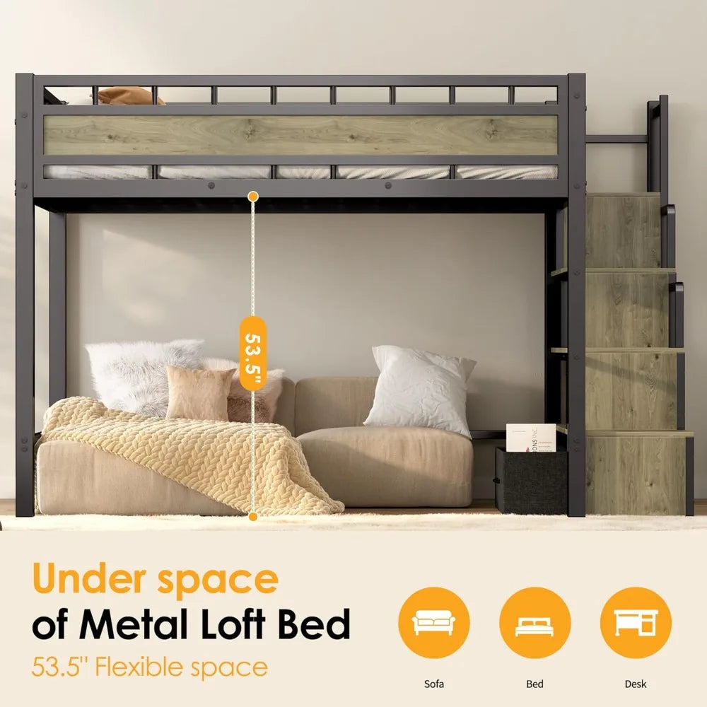 Twin Size Heavy Duty Metal Loft Bed with Stairs, Storage & Large Under-Bed Space