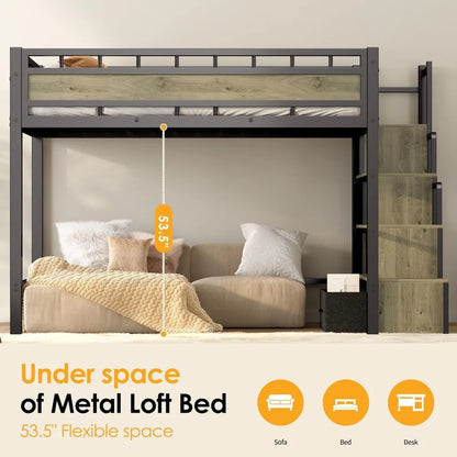 Twin Size Heavy Duty Metal Loft Bed with Stairs, Storage & Large Under-Bed Space