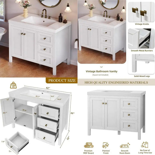 Contemporary 42" vanity with sink, 2 doors & 3 drawers storage cabinet