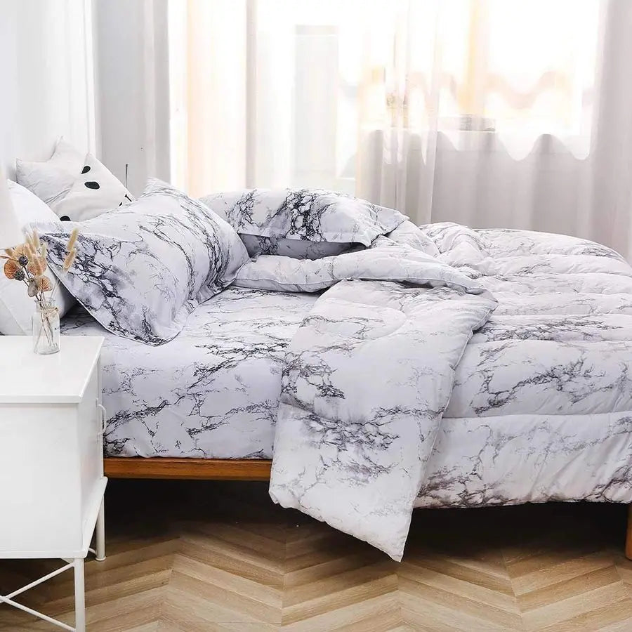White Black Marble Print 88 x 90 inch Reversible Down Alternative Comforter