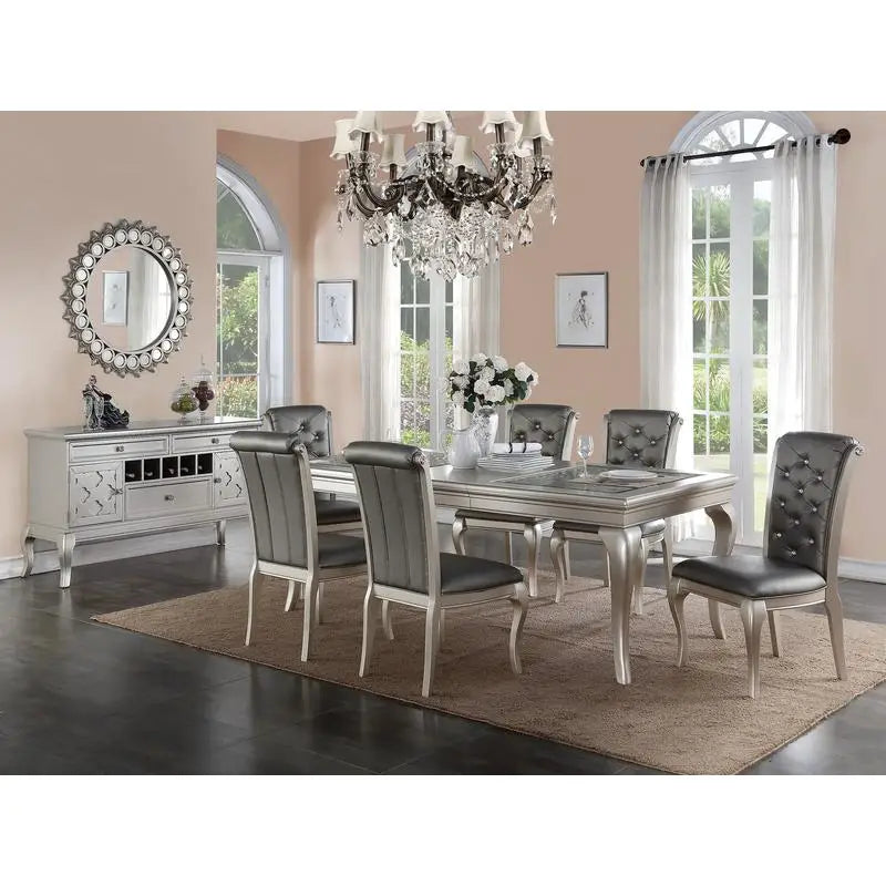 7pc Rect. Glass Dining Table w/ Silver Hue & 6 Tufted Chairs
