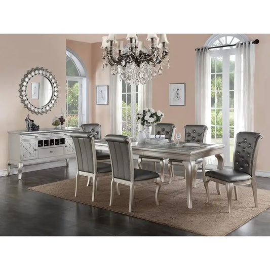 7pc Rect. Glass Dining Table w/ Silver Hue & 6 Tufted Chairs