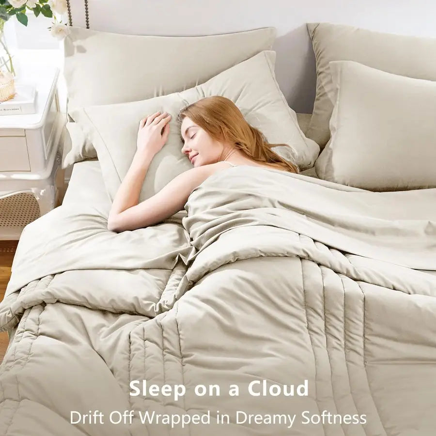 King Size 7 Piece Bed in a Bag Beige Comforter Set