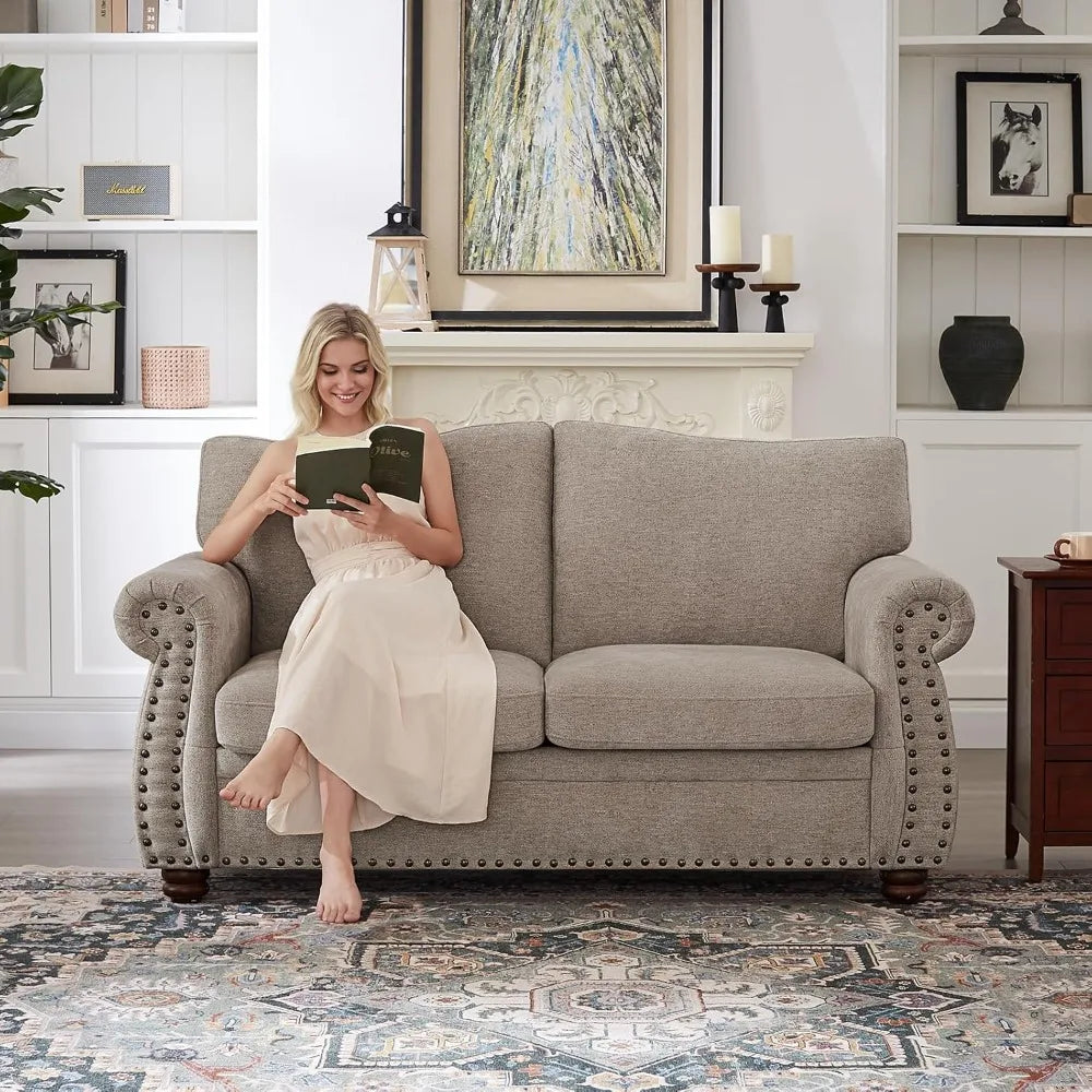 Vintage Chenille Loveseat Sofa 66" with Rolled Arms & Nailhead Trim