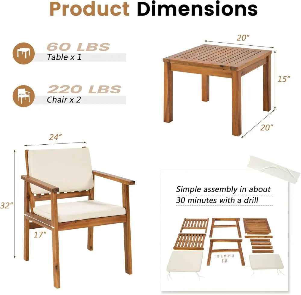 3-Piece Acacia Wood Patio Furniture Set with Coffee Table & Cushions
