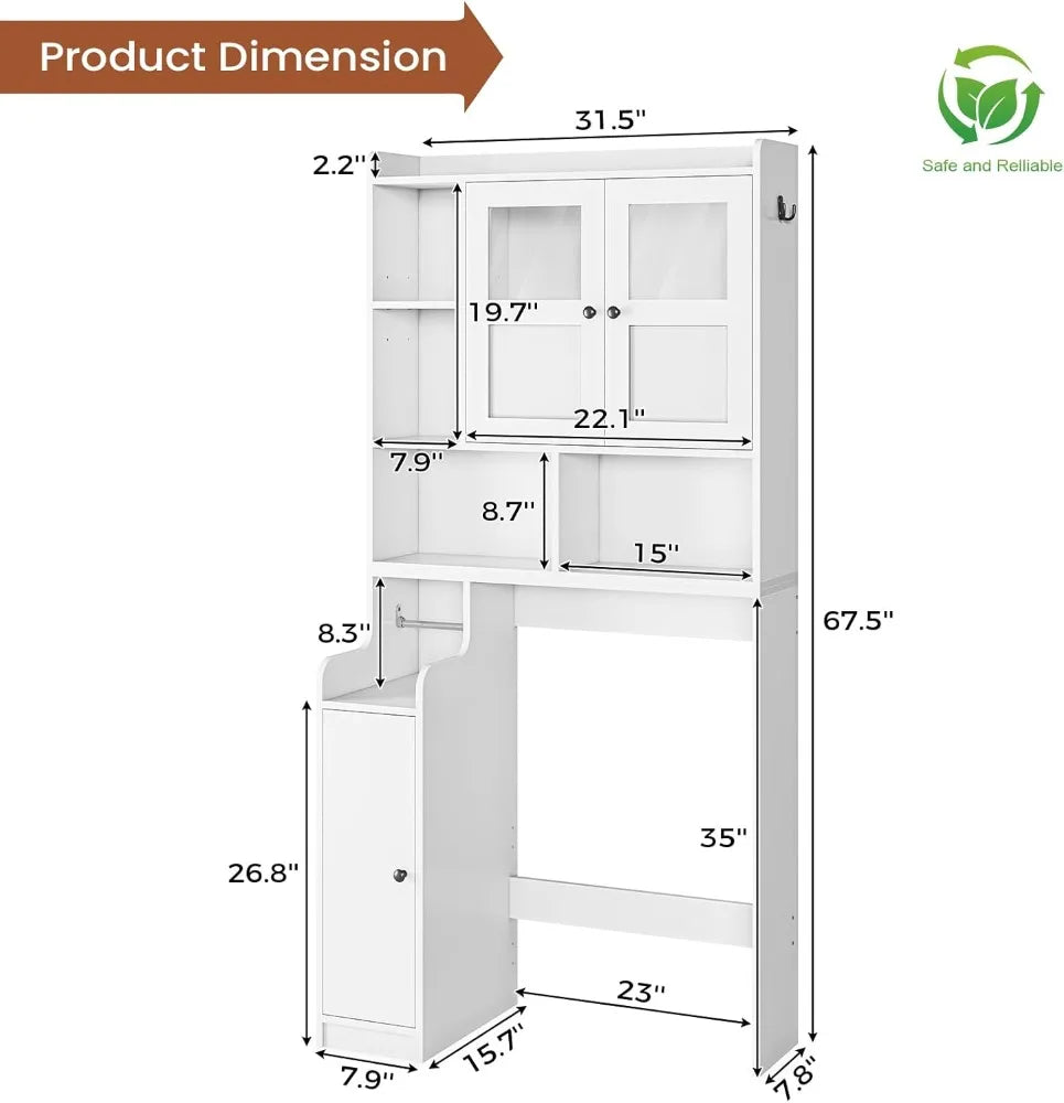 Over Toilet Storage Cabinet with Glass Doors, Bathroom Organizer with Adjustable Shelves