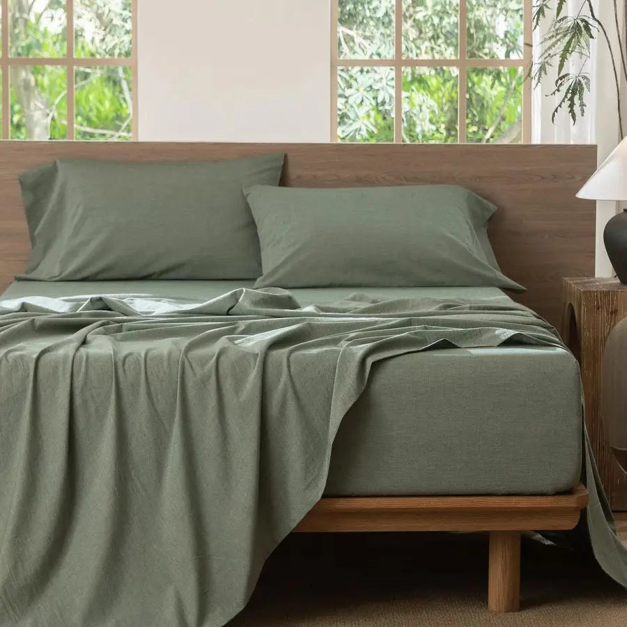 King Bedding Sheet Set 100 Washed Cotton Linen, Heather Green