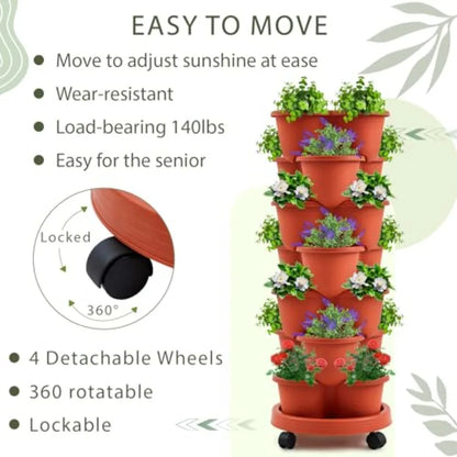 2 Set of 7 Tier Stackable Vertical Planters with Removable Wheels