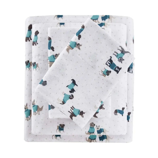 100 Cotton Flannel Twin Sheets, Teal Dogs 3 Piece