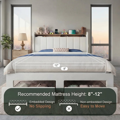 Bed Frame, 2 Storage Drawers/2-Tier Shelves with LED Lights & Charging Station