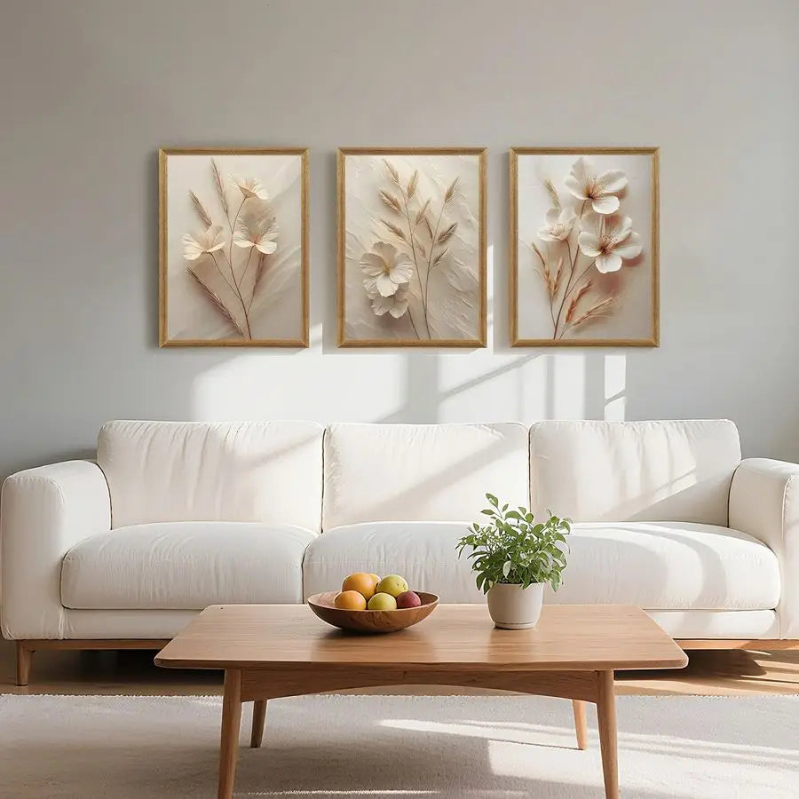 3-Piece Framed Neutral Beige Floral Canvas Wall Art