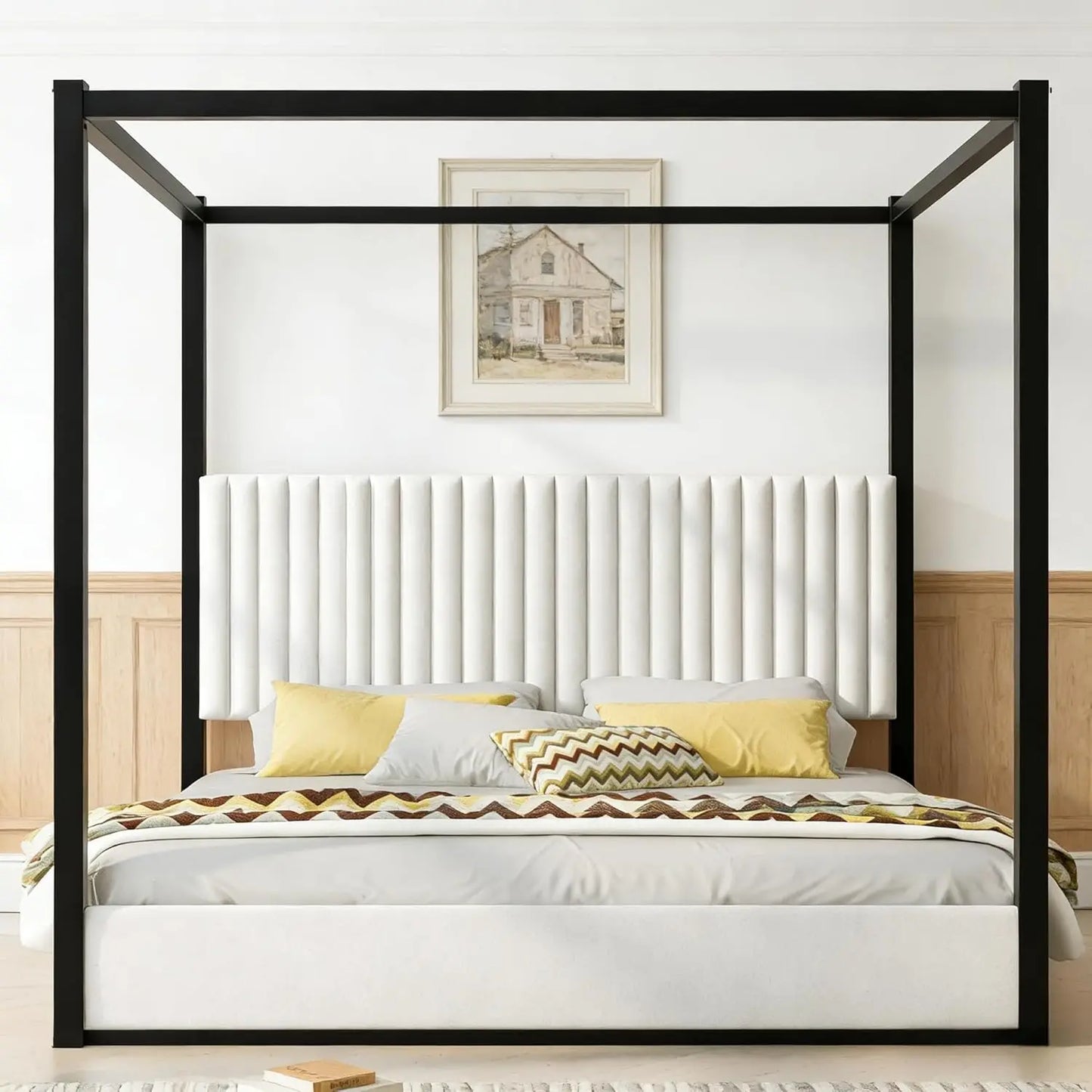 King Size Metal Canopy Bed Frame with Tall Corduroy Upholstered Headboard