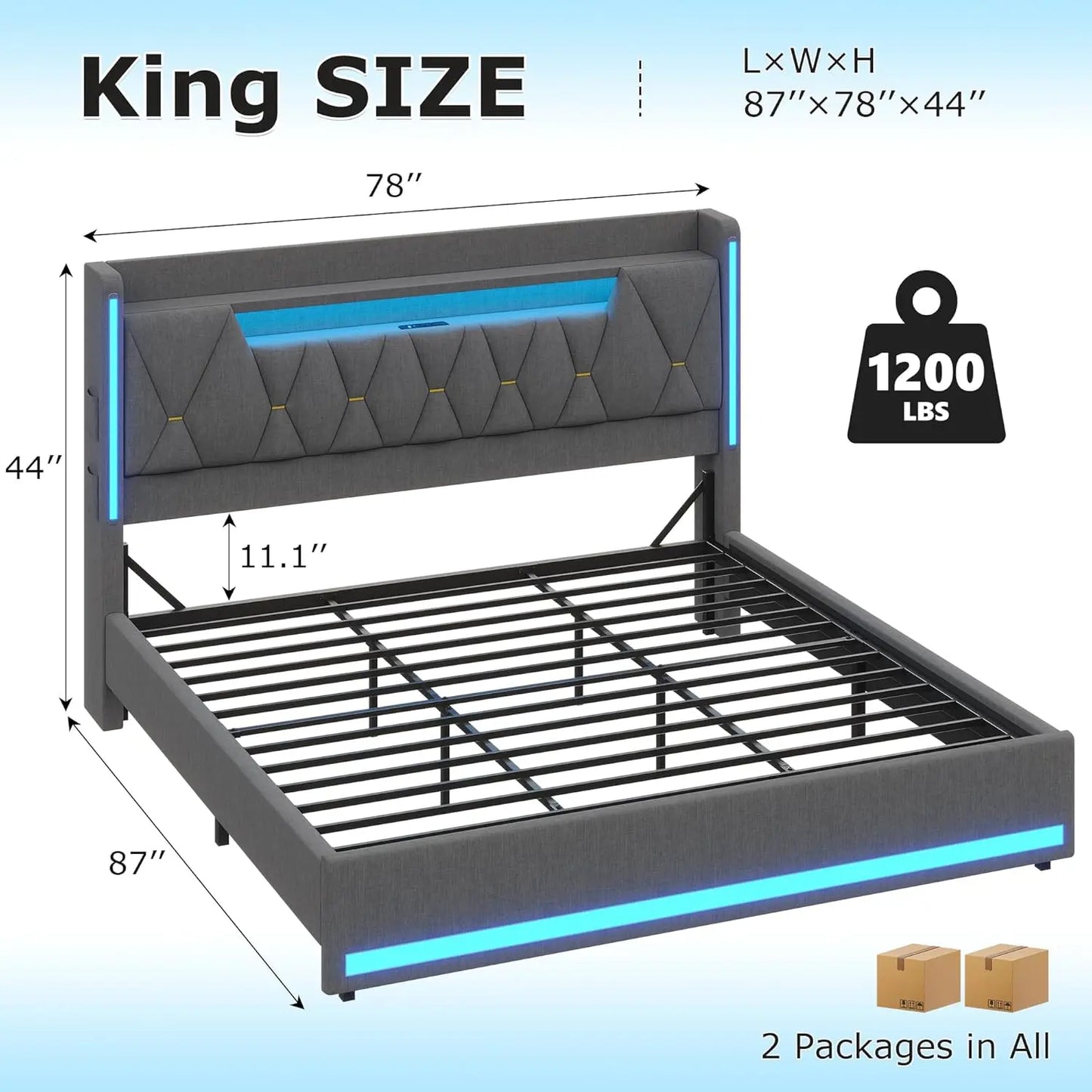 LED King Bed Frame with Charging Station & Storage Headboard
