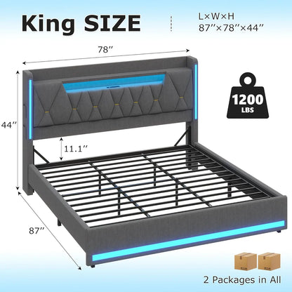 LED King Bed Frame with Charging Station & Storage Headboard