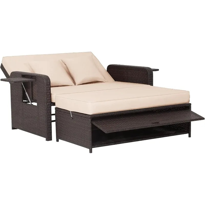 Reclining Patio Loveseat w/Multipurpose Ottoman & Retractable Side Tray
