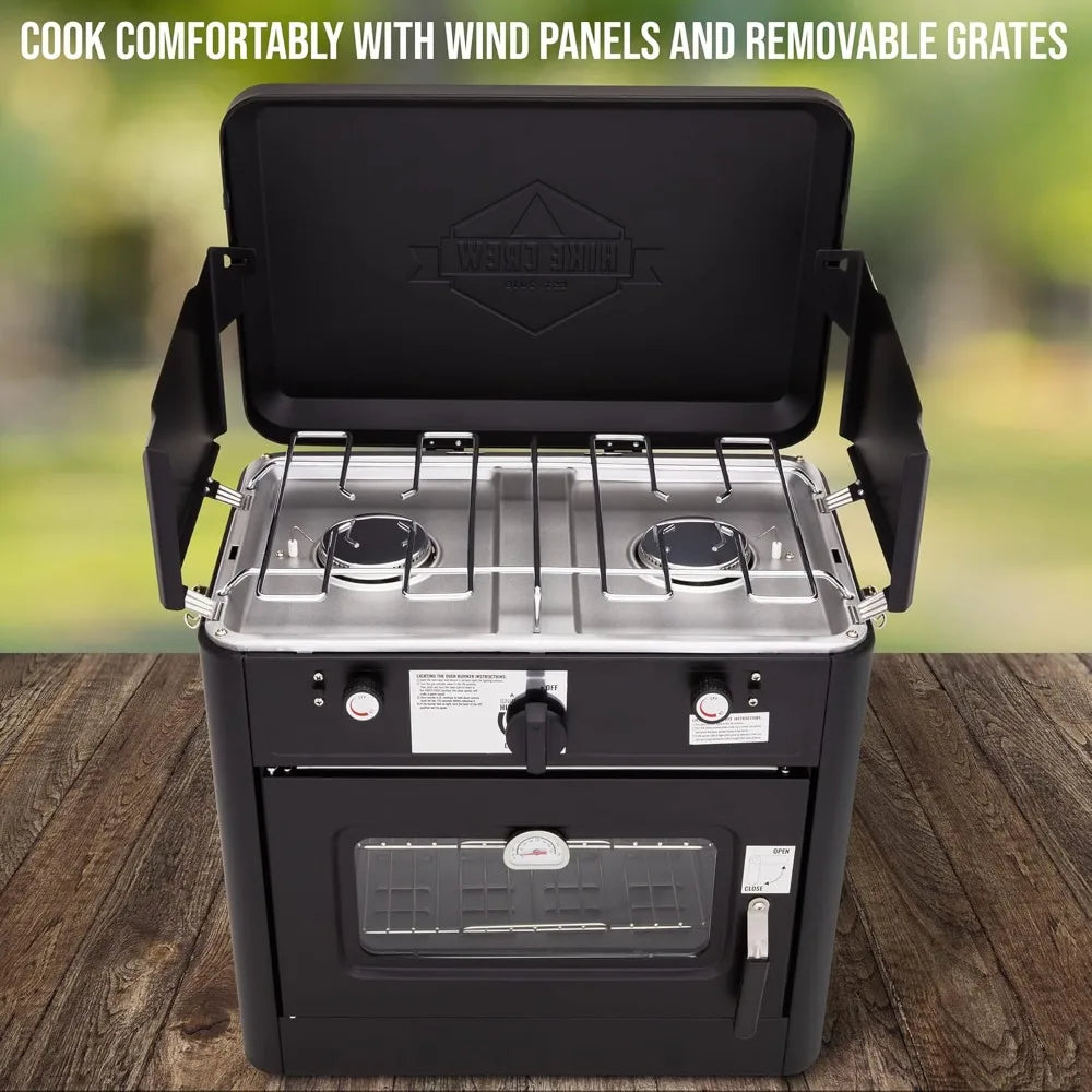 Outdoor Gas Camping Oven, 2-Burner Stove & Auto Ignition